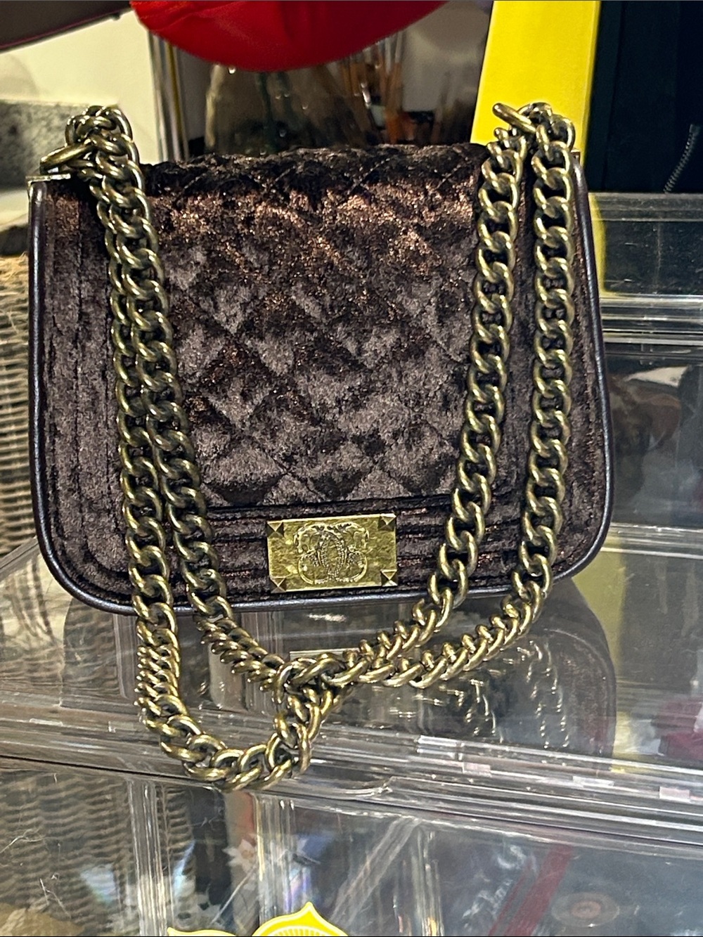 Sharif Brown Quilted Velvet Shoulder Bag with Chain Strap 8.25”x 3.25”x 6.5” New - Picture 3 of 8
